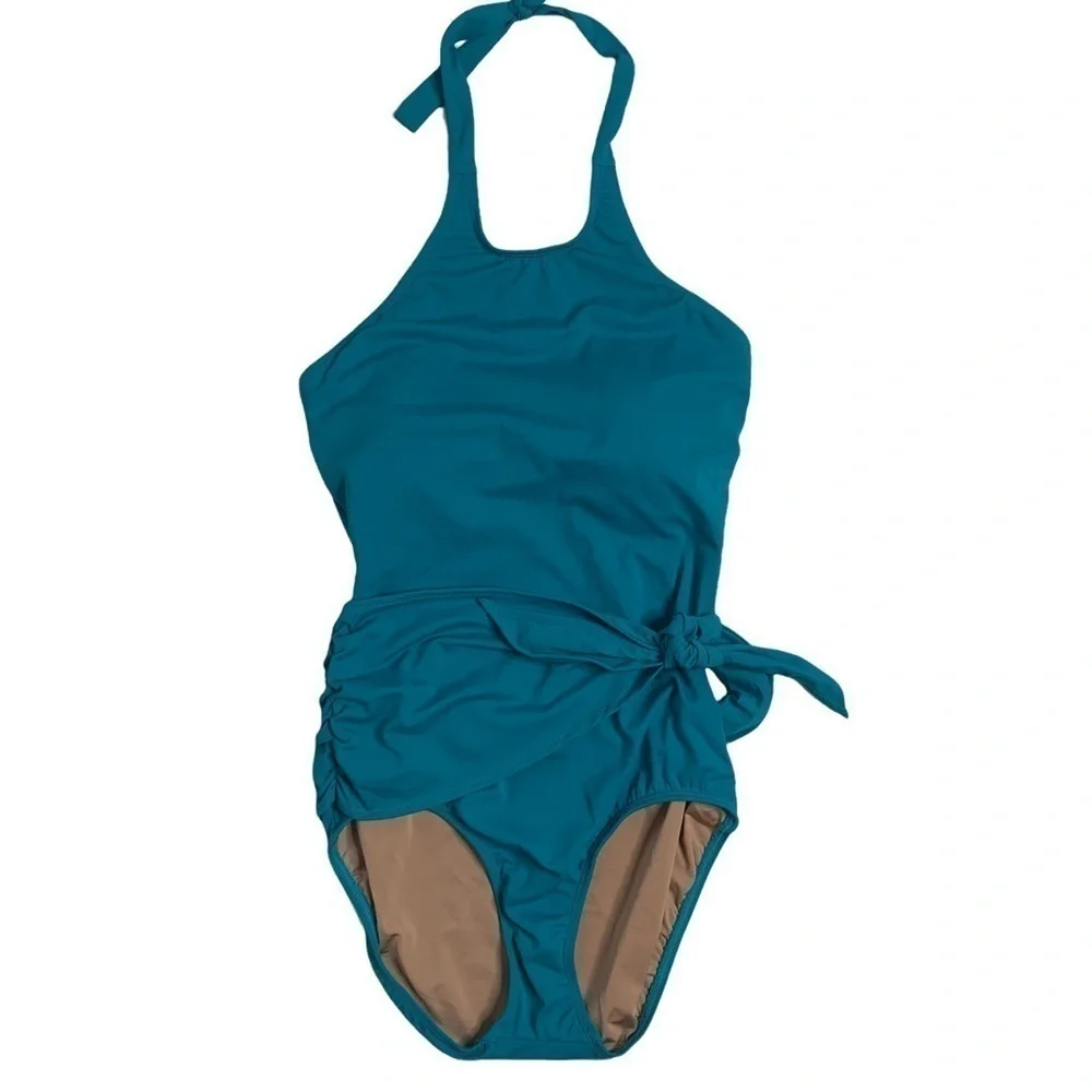 NWT Hermoza Genevieve Teal Waist Tie Halter One Piece Bathing Suit